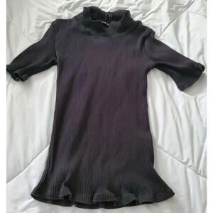 ZARA Black Ribbed Knit Top Size M – Short Sleeve, Ruffle Hem, Made in Morocco